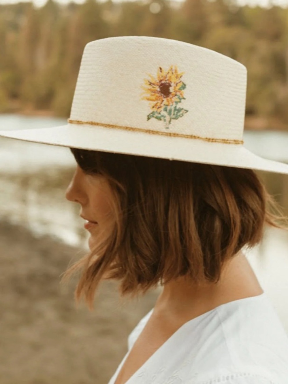 Freya Cream Straw Sun Hat with Yellow Sunflower Embroidery
